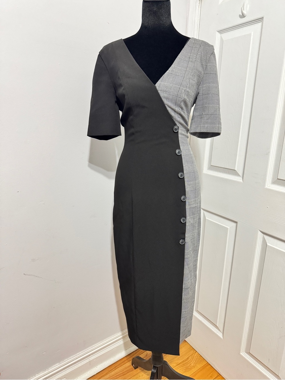 Fame and Partners Black and Gray Two-Tone Wrap Midi Dress